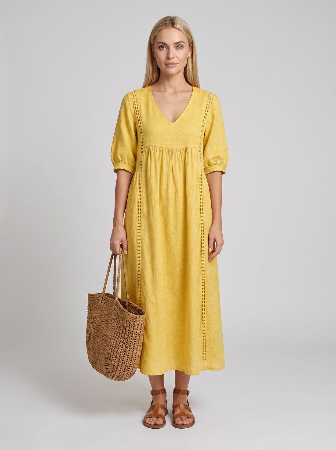 Palmina | Vestido de Lino y Algodón con Detalles de Encaje