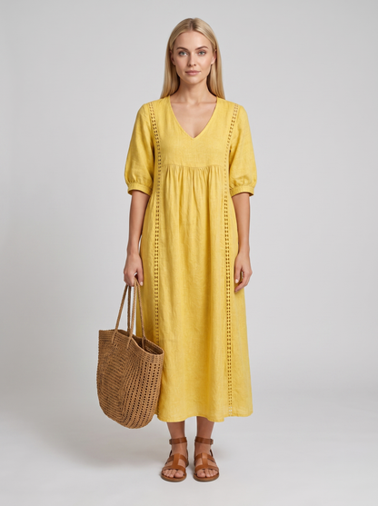 Palmina | Vestido de Lino y Algodón con Detalles de Encaje