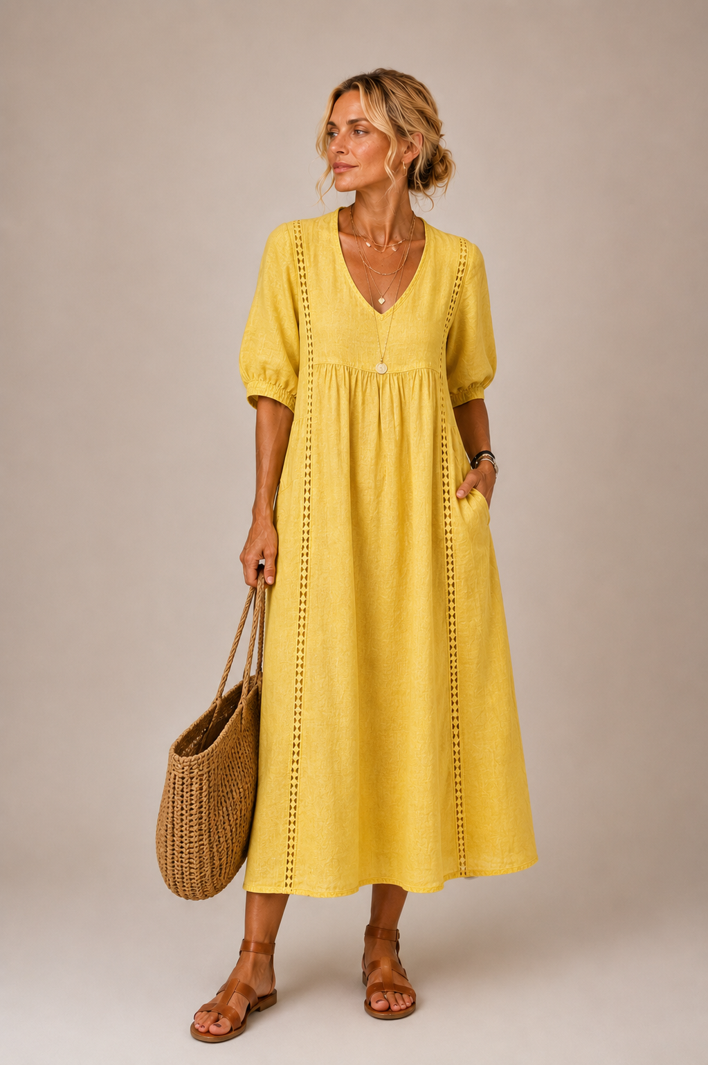 Palmina | Vestido de Lino y Algodón con Detalles de Encaje