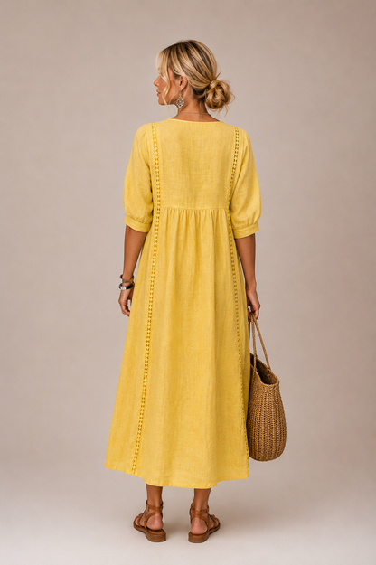 Palmina | Vestido de Lino y Algodón con Detalles de Encaje