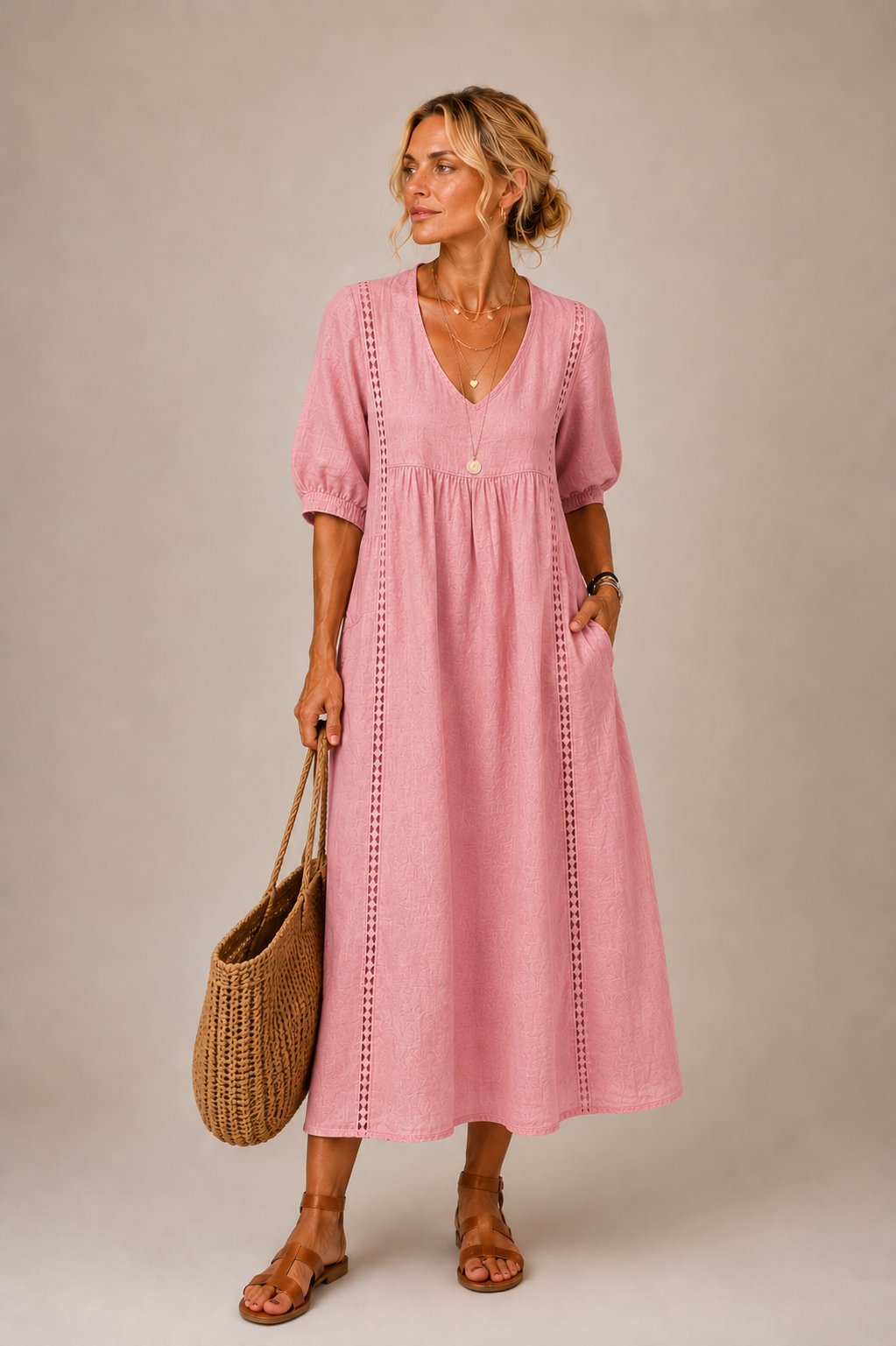 Palmina | Vestido de Lino y Algodón con Detalles de Encaje