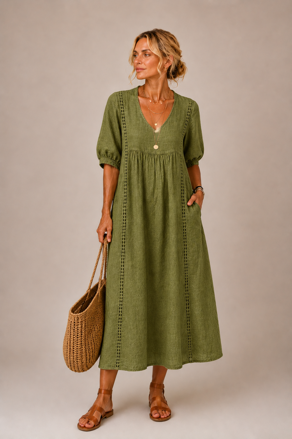Palmina | Vestido de Lino y Algodón con Detalles de Encaje