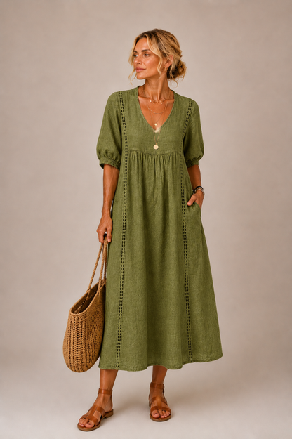 Palmina | Vestido de Lino y Algodón con Detalles de Encaje