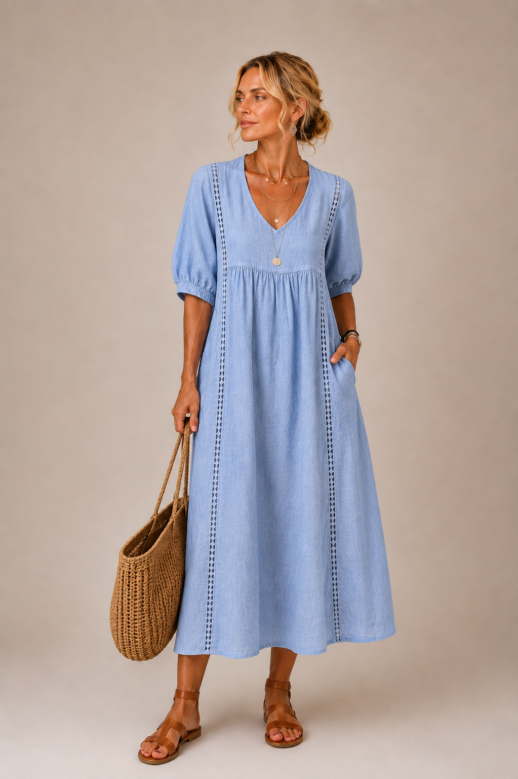 Palmina | Vestido de Lino y Algodón con Detalles de Encaje