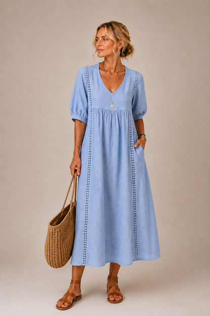 Palmina | Vestido de Lino y Algodón con Detalles de Encaje