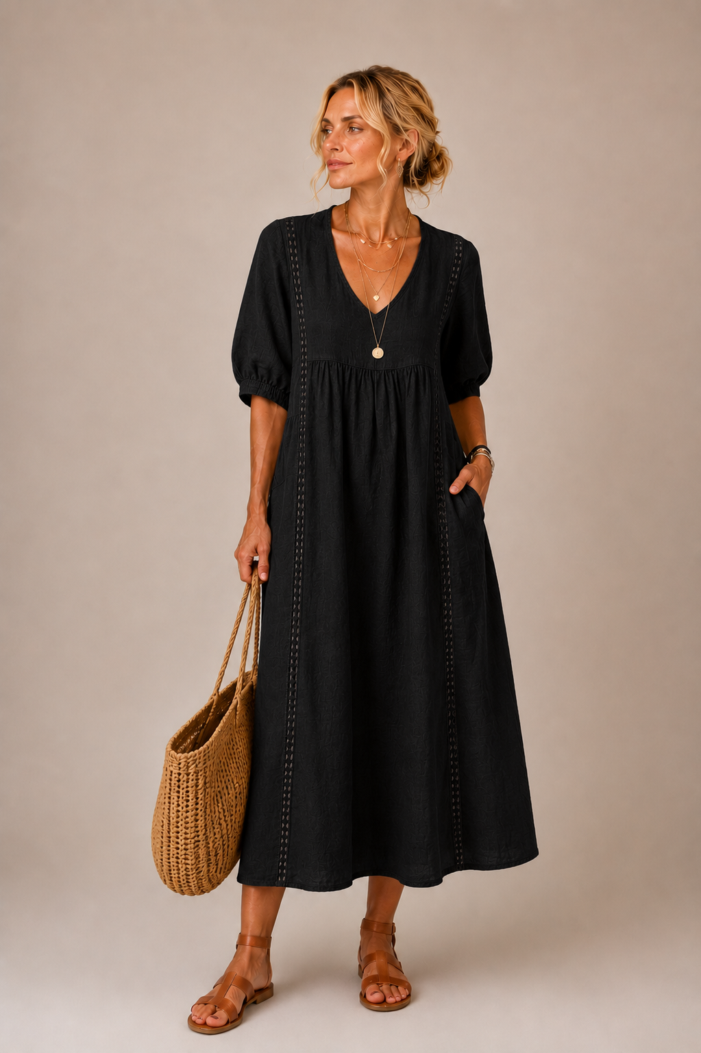 Palmina | Vestido de Lino y Algodón con Detalles de Encaje