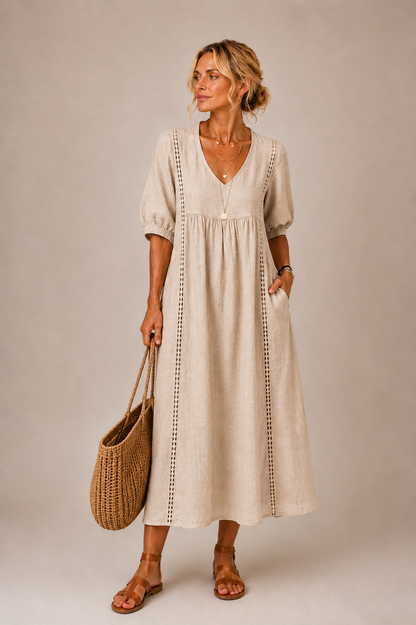 Palmina | Vestido de Lino y Algodón con Detalles de Encaje
