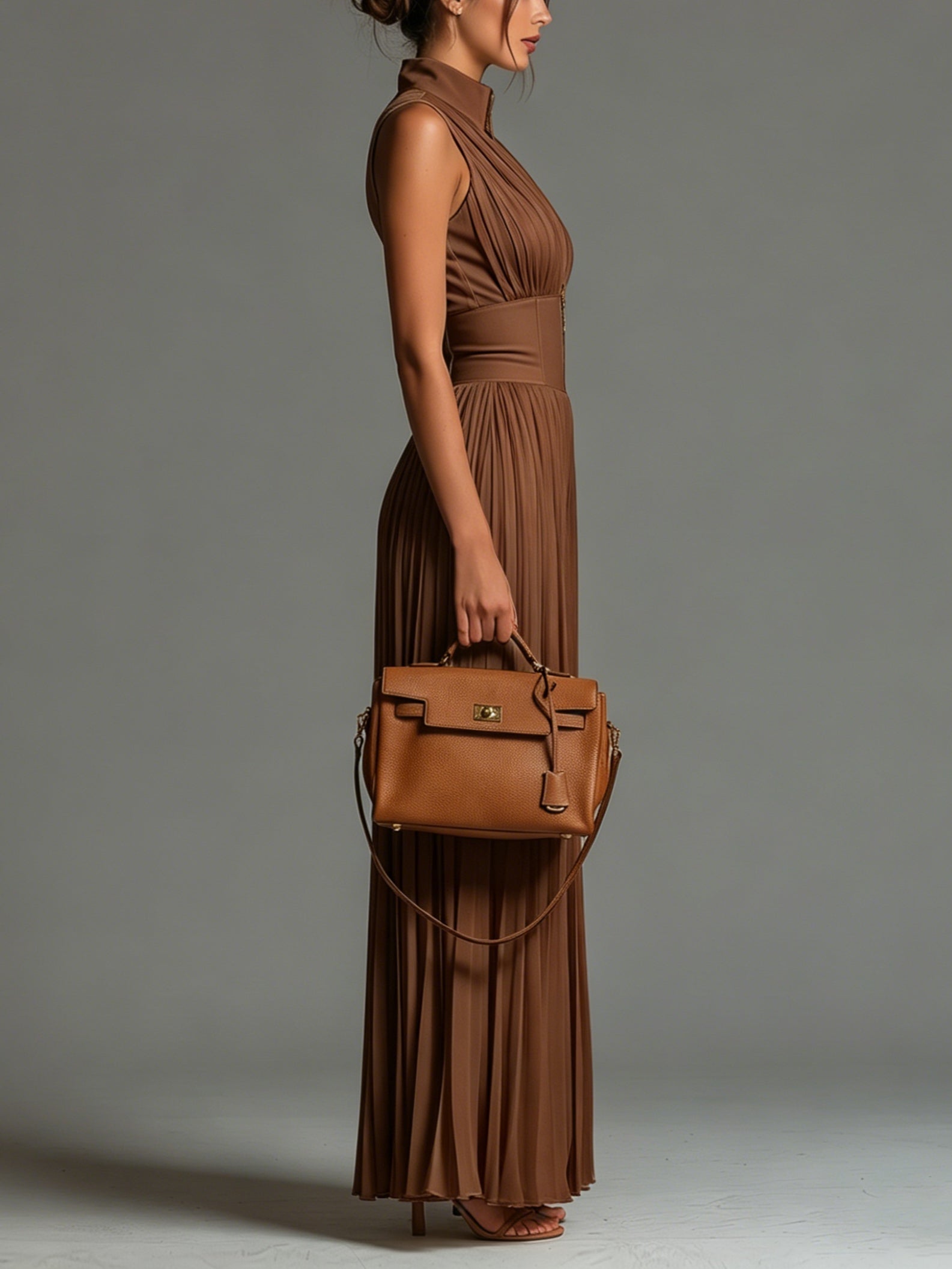Zsófia Jumpsuit | Tuta aus plissiertem Chiffon in Karamellfarbe