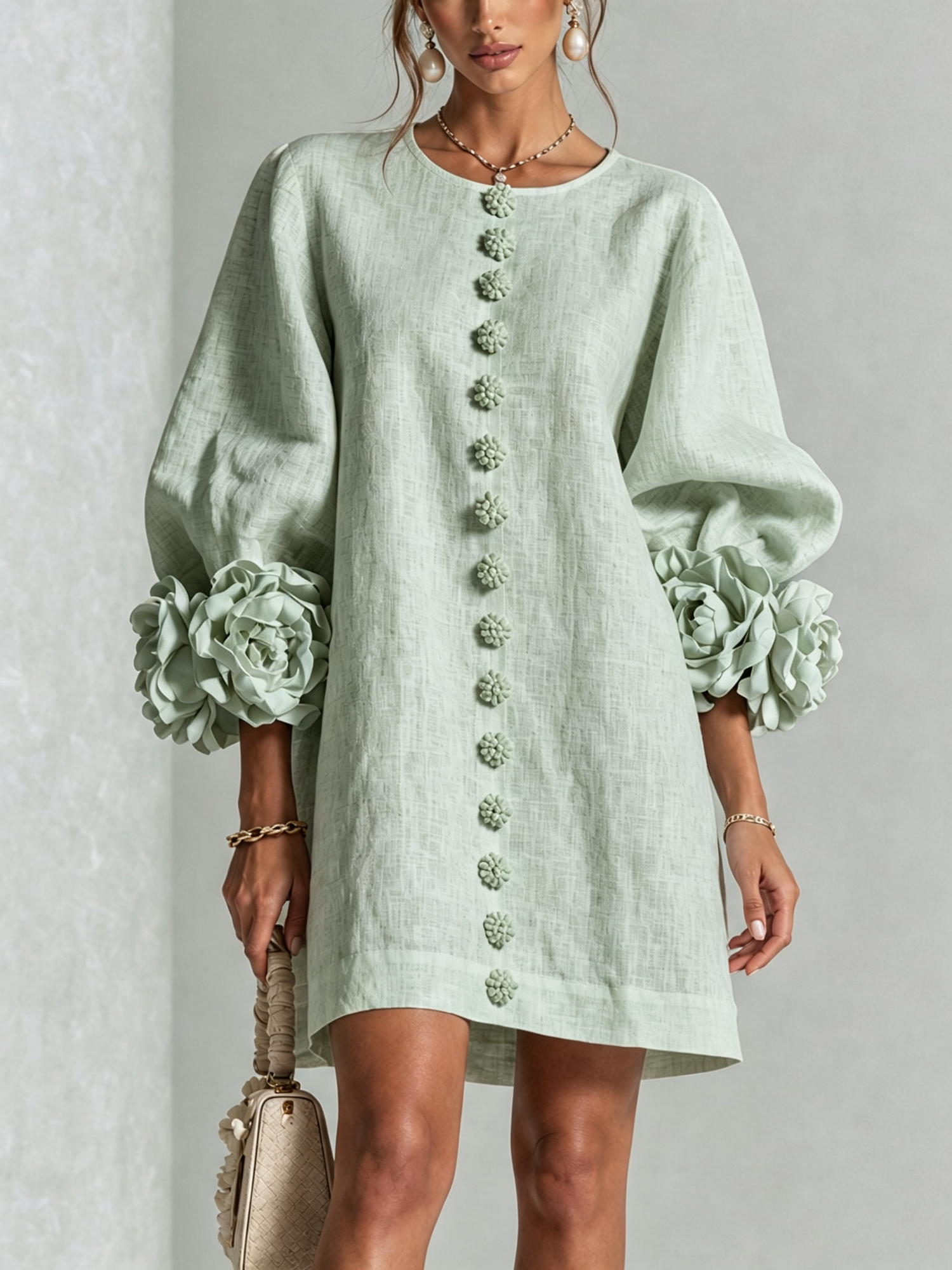 Aurora | Vestido Mini con Botones Florales y Puños en Rosetón