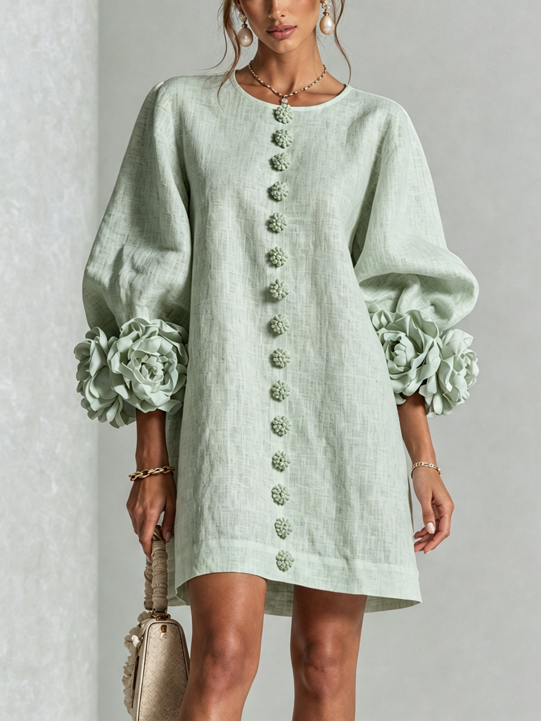 Aurora | Vestido Mini con Botones Florales y Puños en Rosetón