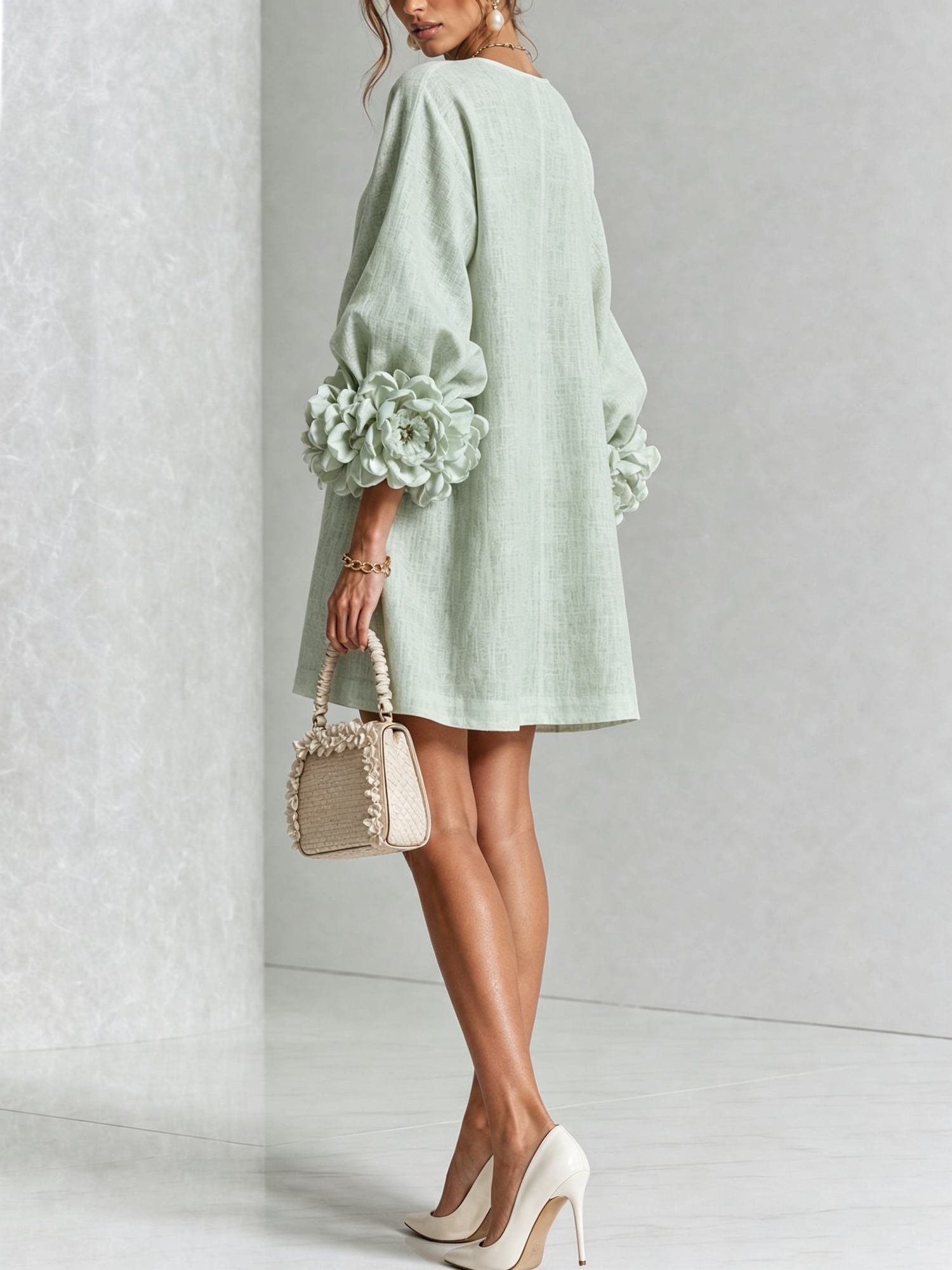 Aurora | Vestido Mini con Botones Florales y Puños en Rosetón
