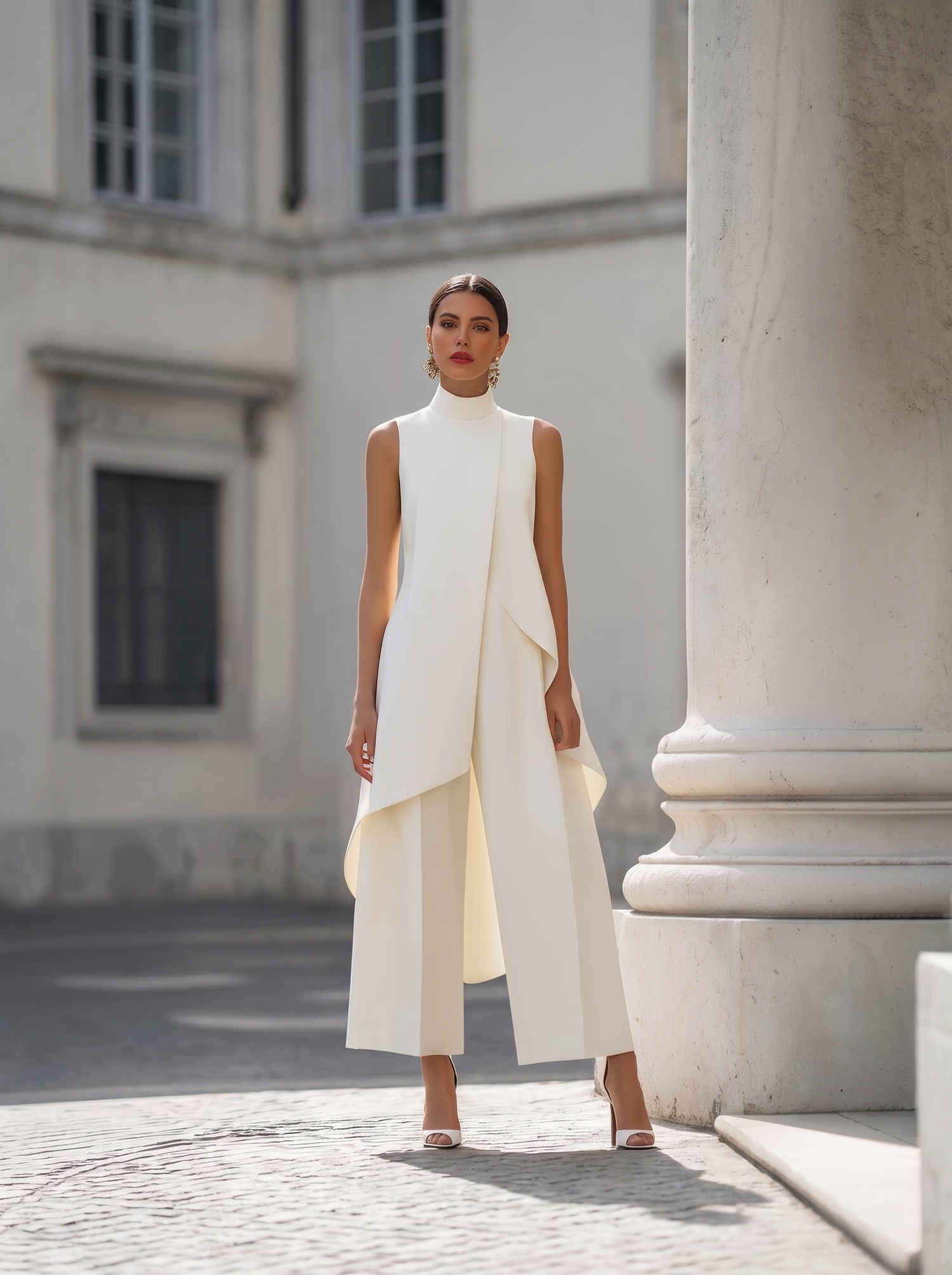 Mono Lucía blanco de cuello alto y pantalón ancho, cuerpo entero